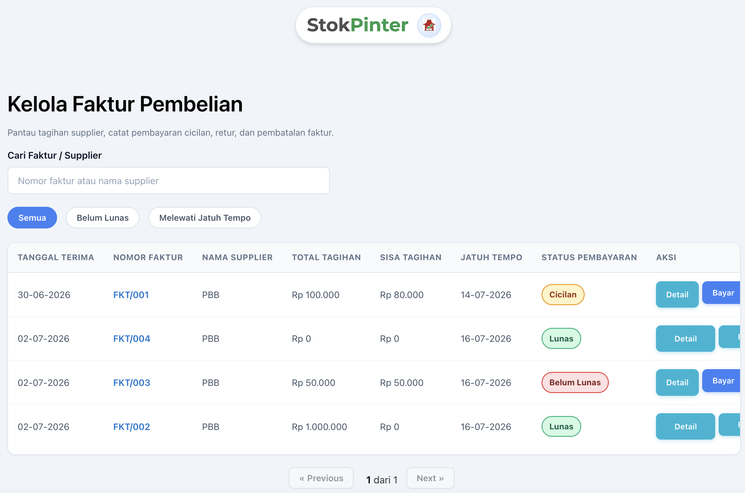 Kelola faktur pembelian StokPinter